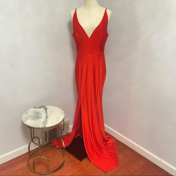 # Windsor Bright Red V Neck / V Back Stretchable Long Dress - Picture 2 of 15